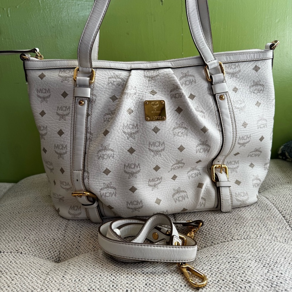 MCM White Tote with Gold Details